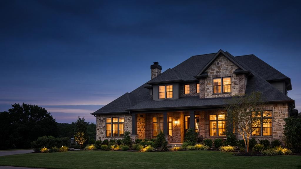 Two-story house at dusk with a dark roof, white porch columns, and warm light in the windows